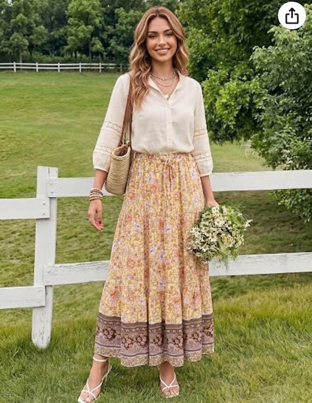 ZESICA XL Boho Floral Maxi Skirt Yellow Pink Border Print Rayon Tiered